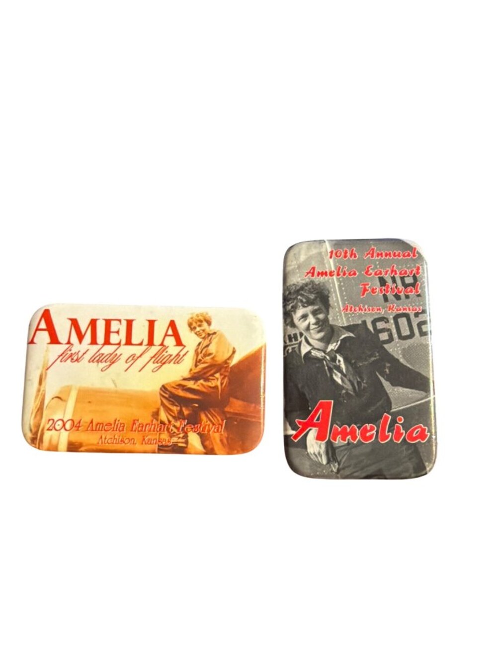 2 Vtg Amelia Earhart Festival Collectible Buttons 2004 Atchison Kansas Estate